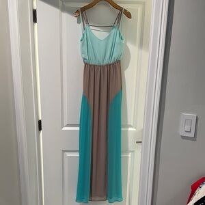 Blue and Tan Color-block Spaghetti Strap Sundress